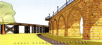 artist's rendition of possible plans for the great stone viaduct which includes lighting, and overlook