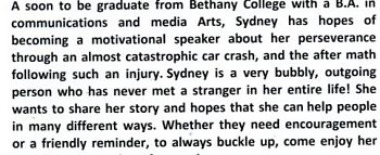 paragraph about Sydney who is about to graduate from college even after a catastrophic car crash