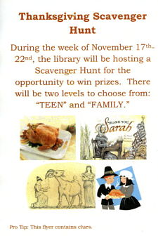 Thanksgiving Scavenger Hunt - pictures of turkey, pilgrims depicting Thanksgiving